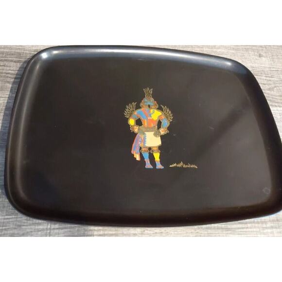 Couroc of Monterey Kachina Tray Large Black Hummingbird Inlay 12.5" MCM Vintage - Picture 1 of 6